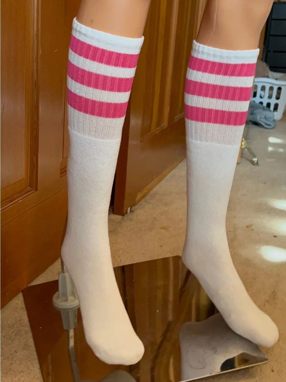 NWT, White Knee-High Socks with Stripes - Athletic Tube Socks
